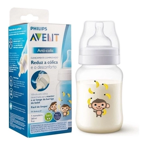 Mamadeira Anti-Colic Philips Avent Clássica 1+ Meses, Macaco Capacidade de 260ml