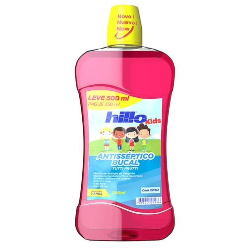 Antisséptico Bucal Hillo Kids 6+ anos, tutti-frutti, pague 350mL leve 500mL