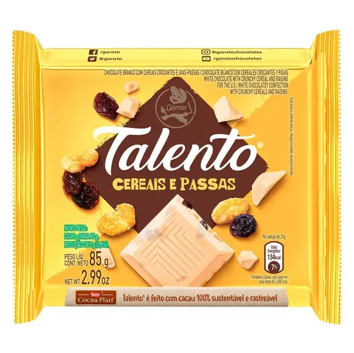CHOCOLATE TALENTO 85GR CEREAIS E PASSAS BRANCO