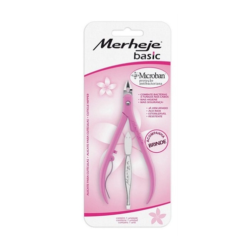 Alicate de Cutícula Merheje Basic rosa com 1 unidade + pinça, grátis